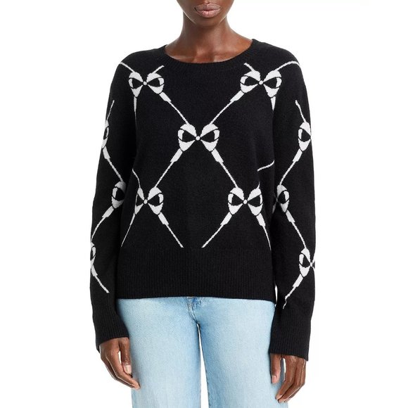 AQUA Cashmere Bow Intarsia Cashmere Sweater - Black/Ivory- NWT - Size Small - Picture 1 of 3